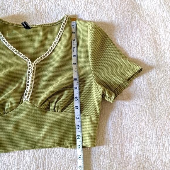 𝅺CROPPED green gingham blouse with lace trim 6 Spring Summer Twee Retro - Picture 10 of 12